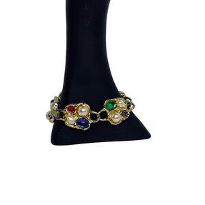 Chunky Gold Tone, Faux Pearl, Rhinestones & Cabochons Link Bracelet (5395)